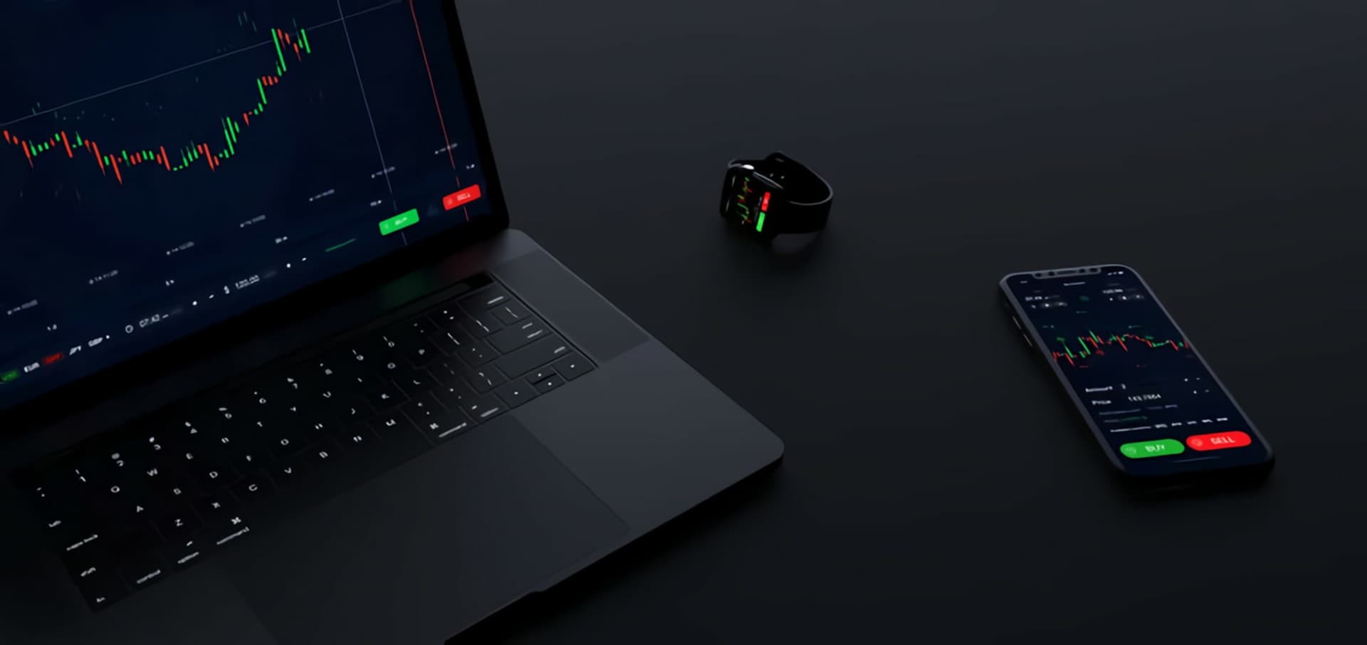 Live markets on laptop, phone, and watch